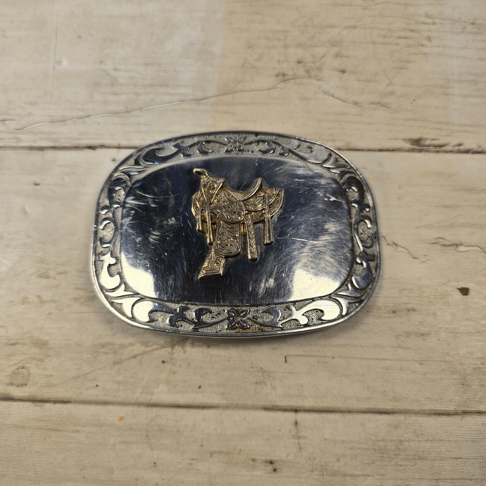 Vintage Western Belt Buckle Silver Gold Tone Horse Saddle Floral Scroll Oval